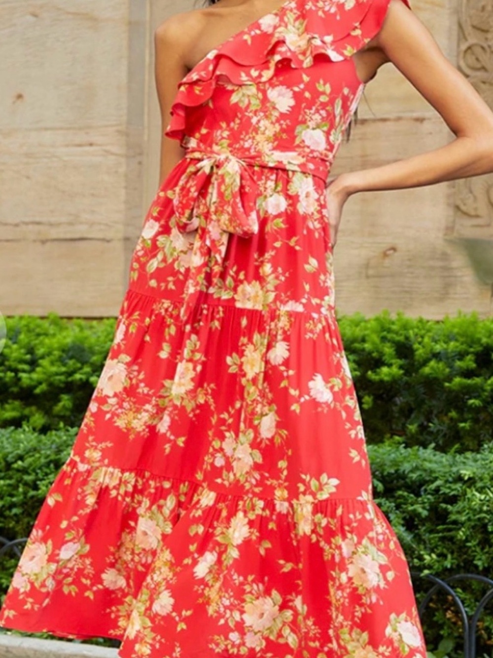 Yumi Kim Coral Floral One-Shoulder Tiered Maxi Dress